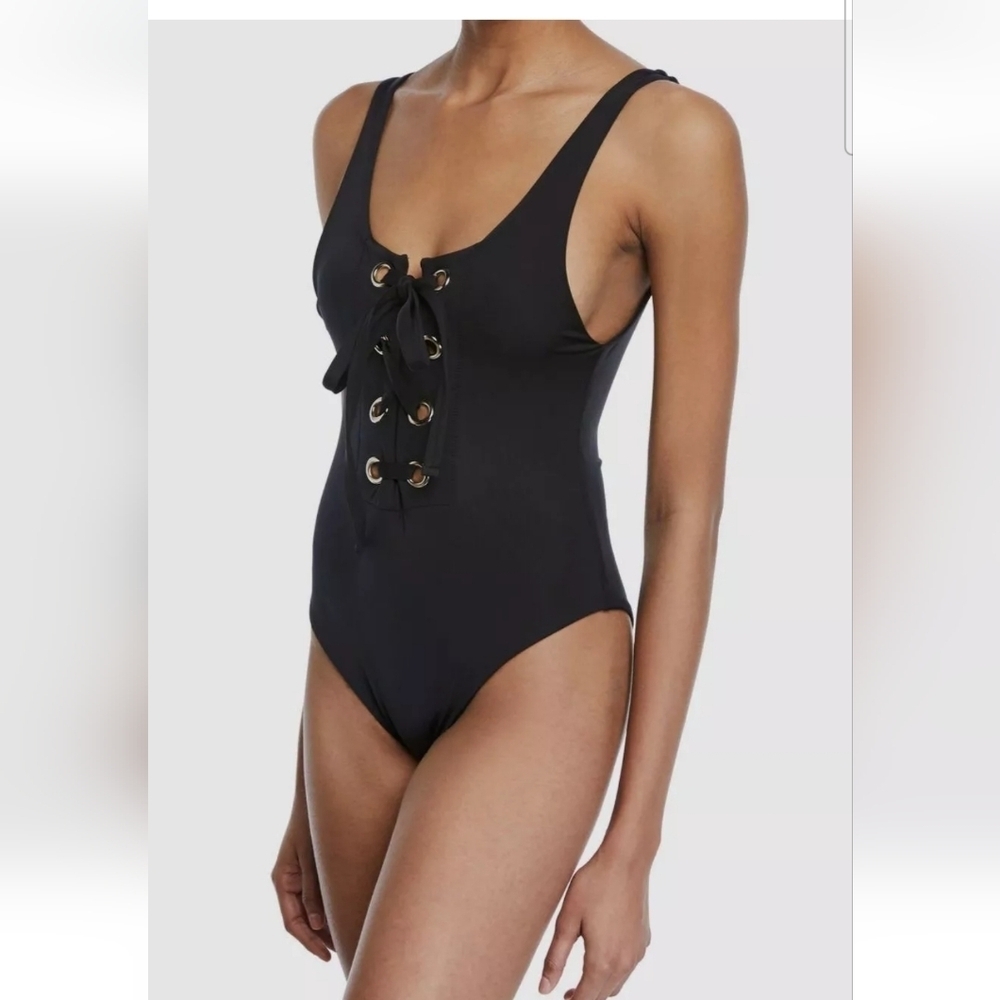 Mara Hoffman- Women's Bathing Suit Black Lace-Up Cheeky